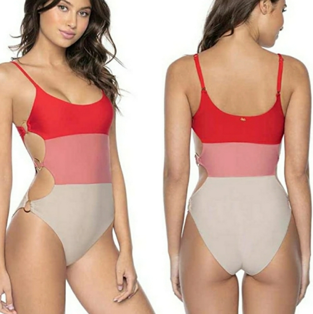 Nwt Piliq Pq Color Block Side Ring One Piece Red Pink Size S